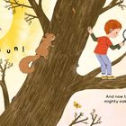 „But it didn’t take long for spring to return. hello sun!“ Illustration: Kinder auf Baum, Sonne, Eichhörnchen, Vögel.