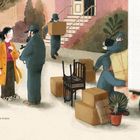 Text: "I don't feel like smiling. When we get home, I see all the boxes and I remember. We're moving."  
Illustration: Eine Familie zieht um, Umzugskartons und Möbel auf der Straße.