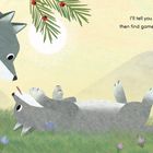 Text: "I'll tell you silly stories then find games for us to play." Illustration: Zwei graue Wölfe im Gras, ein Wolf liegt.