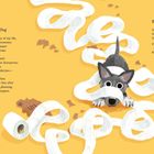 Links Text "The New Dog" von Linda Pastan, rechts Text "Birch" von Karen Shepard. Hund mit Toilettenpapier.