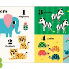 "Numbers, 1 elephant, 2 cubs, 2 cheetahs, 3 zebras, 3 meerkats, 4 turtles, 5 birds. Bunte Illustrationen von Tieren."