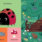 Links: "What can you spot?" mit Kieferzapfen, Marienkäfer, Holz, Assel, Pilz. Rechts: "Let's go home, baby ladybird."