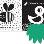 Text: "Here's a bee!", "Where's the duck?". Illustrationen einer Biene links, eine Ente rechts, mit grünem Blatt.