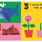 1 I count one. 2 I count two. 3 I count three flowers, red, pink, blue. Wal, Schuhe, lachende Blume, Marienkäfer.