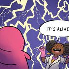 Sprechblase: "IT'S ALIVE!" Kind mit rosa Handschuhen, fröhlich, vor lila Hintergrund mit gelben Blitzen.