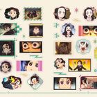 Mehrere Illustrationen von Figuren mit lebhaften Gesichtsausdrücken; helle, bunte Umrandungen und Dekorelemente.