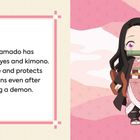 Text über Nezuko Kamado und ihre sanfte Natur. Daneben eine Illustration von ihr im Kimono mit rosa Details.