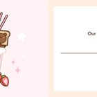 "Our fave sweet treat to share is" auf weißem Hintergrund. Links: Süßes Dessert-Illustration mit Tieren und Erdbeeren.