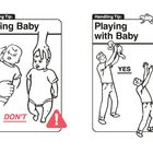 Links: "Lifting Baby" zeigt "DO" und "DON'T". Rechts: "Playing with Baby" mit "YES" und "NO". Illustrationen mit Tipps.