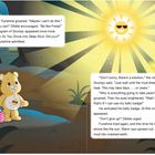 Zwei Textblöcke erzählen von Funshine, der Hilfe von Dibble bekommt. Ein gelber Bär mit Sonnenlogo steht in einer cartoonhaften Umgebung.