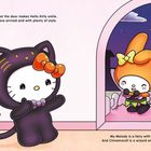 Hello Kitty im Katzenkostüm begrüßt Freunde. My Melody als Fee und Cinnamoroll als Zauberer bei Nacht.