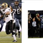 "BEAST QUAKE: In the 2011 NFC Wild Card game, Marshawn Lynch erzielt einen 67-Yard-Touchdown gegen New Orleans."  
American Football-Spieler in Aktion, zwei Bilder.