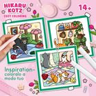 Text: HIKARU KOTZ COZY COLORING 14+ Inspiration-colora lo modo tuo. Oben bunte Katzenszenen mit Filzstiften und Kopfhörern.