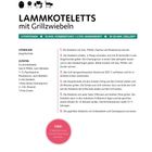 "LAMMKOTELETTS mit Grillzwiebeln. 2 Portionen. 10 Min. Vorbereitung. Tipp: Fladenbrot und scharfe Sauce dazu servieren."
