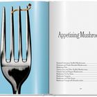 Texte: "Main Mushrooms" und Rezeptliste mit Seitenzahlen. Links Pilz auf rotem Hintergrund, auf Gabel balanciert.