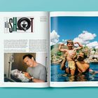 Links: "BIG SHOT" oben, Fließtext darunter, Bild von Mann mit Baby. Rechts: Kind auf den Schultern eines Mannes im Pool.
