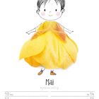 Beschriftung: "Mai", Kalenderdaten für Mai 2027. Illustration: Mädchen mit gelbem Kleid aus Blütenblättern.