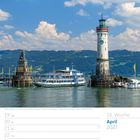 Kalenderseite für April 2027. Sichtbar: Löwenstatue, Leuchtturm, Fähre auf dem Bodensee unter blauem Himmel.
