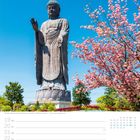 Buddha-Statue Ushiku Daibutsu, rosa Blütenbaum, Kalender für April, Tage 19 bis 25, blaue Schrift.