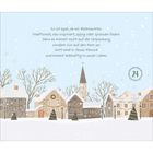 Text: „Es ist egal, ob wir Weihnachten traditionell, neu inspiriert, üppig oder sparsam feiern...” Illustration von verschneitem Dorf.