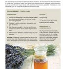 Titel: Kräuter-Oxymel (Sauerhonig). Rezept für Oxymel und dessen Zutaten und Anwendung. Unten Lavendel und Glas mit Honig.
