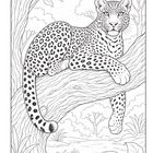 Ein Leopard liegt entspannt auf einem Ast, umgeben von Bäumen und Pflanzen.