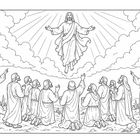 Menschen knien und schauen zu einer schwebenden Figur empor; Engel sind dabei. Strahlen und Wolken umrahmen die Szene.