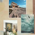 Oben ein Haus vor blauem Himmel, unten Madonna-Gemälde mit Pflanzen, rechts Vogel am Himmel.
