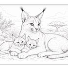 Ein Luchs mit zwei Jungtieren, sitzend in einer natürlichen Savannenlandschaft, gezeichnet in feinen Linien.
