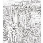Illustration eines Paares, das eine Brücke und eine Stadt auf einer Klippe betrachtet, mit Wasserfall in der Schlucht.