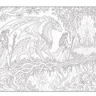 Fantasy-Illustration: Eine Fee, ein Drache und eine Frau gehen über einen verwunschenen Pfad aus Baumwurzel.
