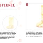 Titel: GUMMISTIEFEL. Schritt 1 zeigt Umrisse von Stiefeln, Schritt 2 farbige Stiefel. Anleitung mit Farben malen.
