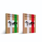 Zwei Bücher mit dem Titel "Charlotte Perriand: The Art of Dwelling" und "Die Kunst des Wohnens", je mit farbigen Streifen und einer Liege.