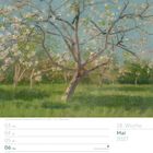 Kalenderseite für Mai 2027, 18. Woche. Ein Gemälde zeigt blühende Obstbäume unter blauem Himmel.