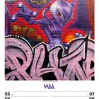 Mai, KW18/2027. Illustration eines lila Wesens vor Graffiti und einer Skyline. Feiertage: Muttertag, Christi Himmelfahrt.