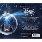 Mit Bibelworten durch den Advent. Szene mit Krippe in gläserner Kugel auf blauem Hintergrund. Text von Kawohl Verlag.