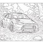 Illustration eines Rallyeautos, das durch einen flachen Bach in einem Wald fährt, kräftige Spritzer erzeugend.