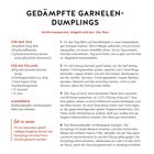 "GEDÄMPFTE GARNELEN-DUMPLINGS" Rezept mit Anleitungen für Teig und Füllung. Zutaten und Schritte detailliert beschrieben.