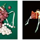Links: Weiße und rote Trauben; rechts: orange Tasche mit Skelett.