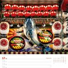 Kalender für Mai, Woche 20. Illustration: Sushi-Restaurant mit großen Thunfischskulptur und roten Laternen.