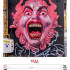 "Mai, Pfingstmontag; Ha Ha Zone. Illustration einer schreienden, pinken Figur mit roten Lippen und spiralförmigem Haar."