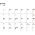 Kalender für Dezember 2027, markiert sind Nikolaus am 6., Weihnachtstage 25./26., Silvester am 31. Adventssonntage rot.