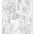 Ein Mann liest ein Buch, ein kleiner Drache sitzt neben ihm, und ein Elf schaut durchs Fenster. Es ist eine detaillierte Illustration.