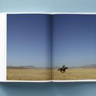 Ein geöffnetes Buch zeigt eine weite Landschaft mit einem Reiter auf einem galoppierenden Pferd unter klarem blauem Himmel.