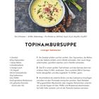 TOPINAMBURSUPPE

Cremiger Sattmacher

Für 2 Personen, 30 Min. Zubereitung, pro Portion 420 kcal.

Ein Teller mit gelber Suppe, mit grünem Kraut und roten Stücken garniert.