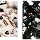 Links Malutensilien auf Tisch, rechts Kameras durcheinander, viele verschiedene Modelle und Marken sichtbar.