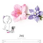 "Juni" steht über einem Kalender. Links eine Illustration: Ein Kind und ein Hund schauen zwei große Blüten an.