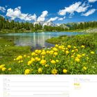 21. Woche Mai 2027. Arpy-See, Mont-Blanc-Massiv. Kalender mit gelben Blumen, See, Bergen und blauem Himmel.