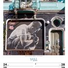 Texte: „San Telmo - Buenos Aires - Argentinien“, „MAI“, „KW21/2027“.  
Ein schwarz-weißes Wandgemälde zeigt eine Person in Seitenansicht, darunter ein Kalender.