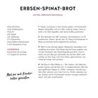 Erbsen-Spinat-Brot Rezept: Zutatenliste links, Zubereitungsschritte rechts, Genuss-Tipp unten: "Nur mit Kräuterbutter genießen."